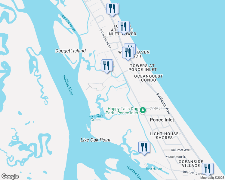 map of restaurants, bars, coffee shops, grocery stores, and more near 4672 Riverwalk Village Court in Ponce Inlet