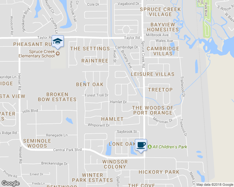 map of restaurants, bars, coffee shops, grocery stores, and more near 130 Wimbledon Court in Port Orange