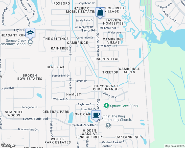 map of restaurants, bars, coffee shops, grocery stores, and more near 305 South Brighton Drive in Port Orange