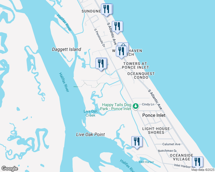 map of restaurants, bars, coffee shops, grocery stores, and more near 4672 Riverwalk Village Court in Ponce Inlet