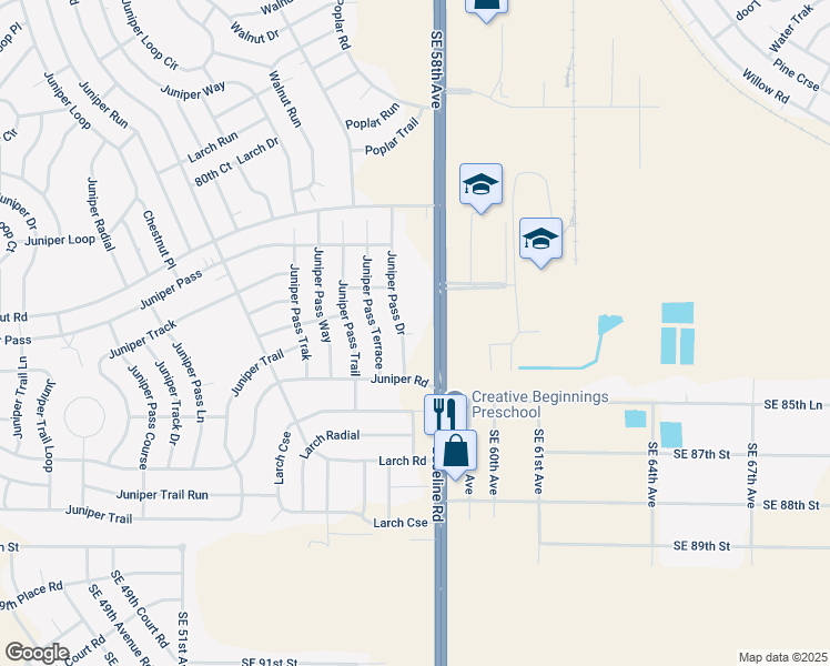 map of restaurants, bars, coffee shops, grocery stores, and more near 11 Juniper Pass Drive in Ocala