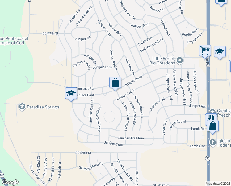 map of restaurants, bars, coffee shops, grocery stores, and more near 66 Juniper Pass in Ocala