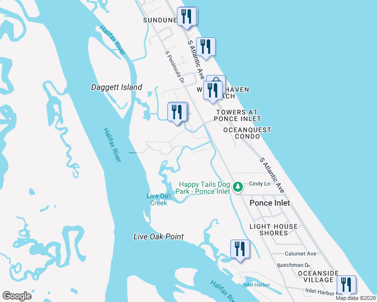 map of restaurants, bars, coffee shops, grocery stores, and more near 4672 Riverwalk Village Court in Ponce Inlet