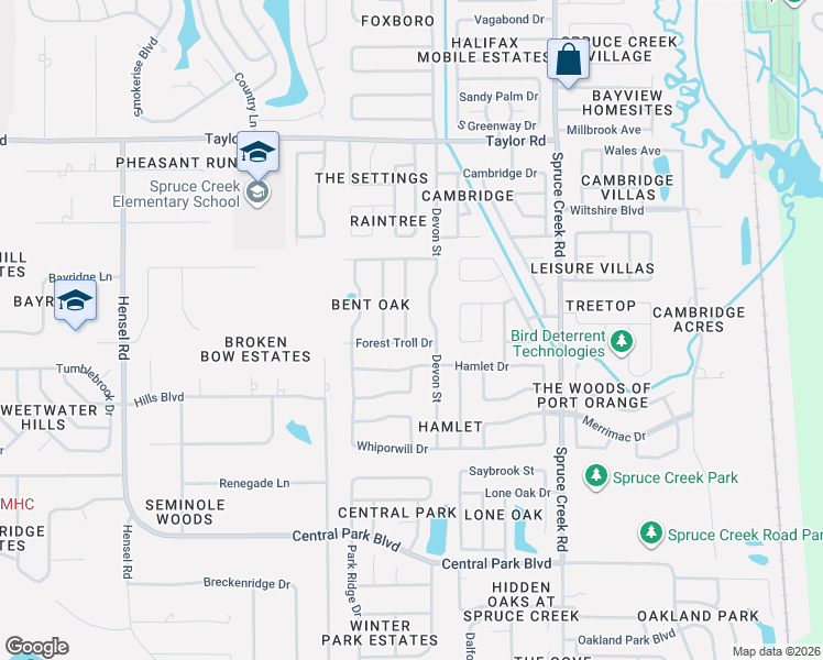 map of restaurants, bars, coffee shops, grocery stores, and more near 604 Forest Troll Drive in Port Orange