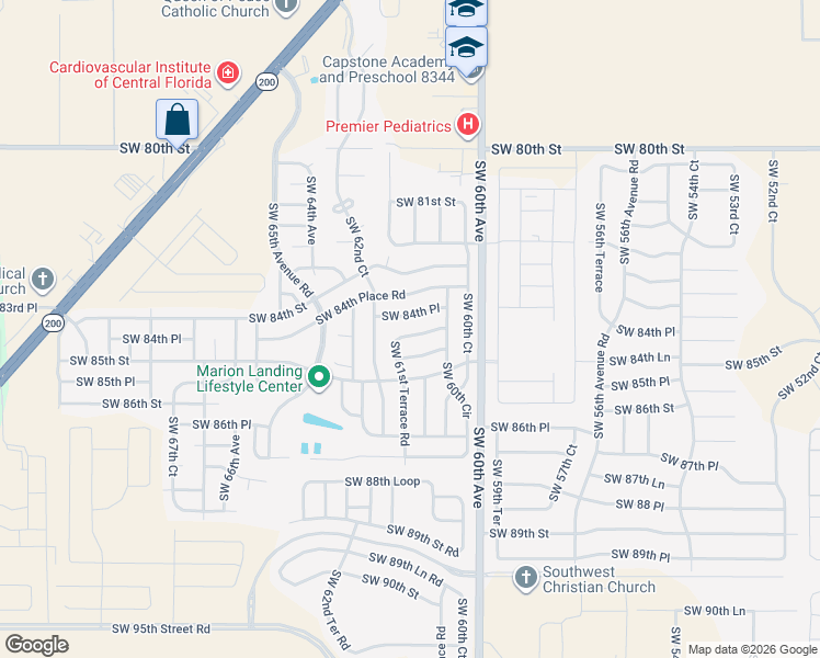 map of restaurants, bars, coffee shops, grocery stores, and more near 8477 Southwest 61st Terrace Road in Ocala
