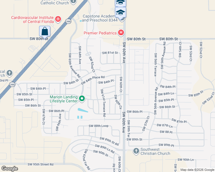 map of restaurants, bars, coffee shops, grocery stores, and more near 8477 Southwest 61st Terrace Road in Ocala