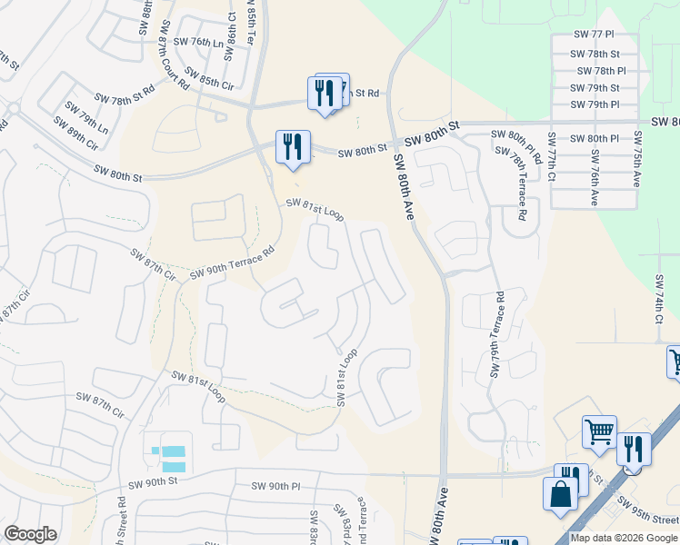 map of restaurants, bars, coffee shops, grocery stores, and more near 8259 Southwest 84th Place Road in Ocala
