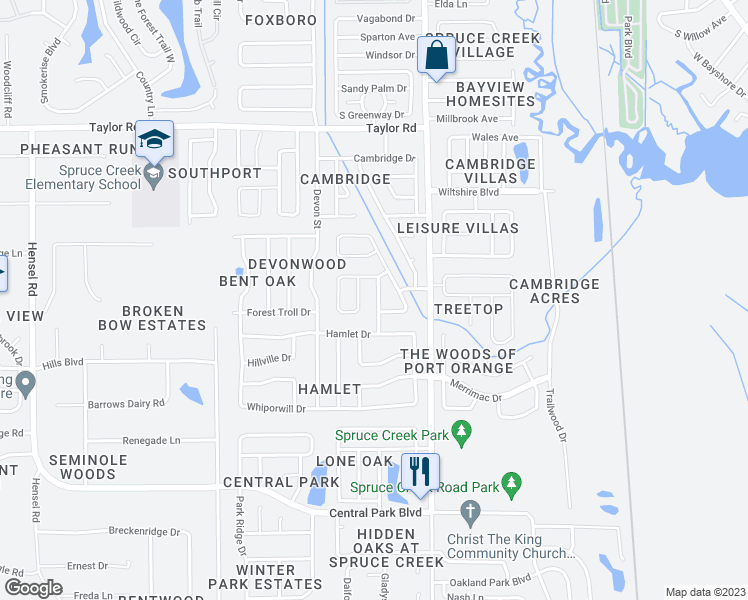 map of restaurants, bars, coffee shops, grocery stores, and more near 395 Trafalga Avenue in Port Orange
