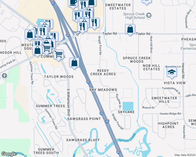 map of restaurants, bars, coffee shops, grocery stores, and more near 5855 Boggs Ford Road in Port Orange