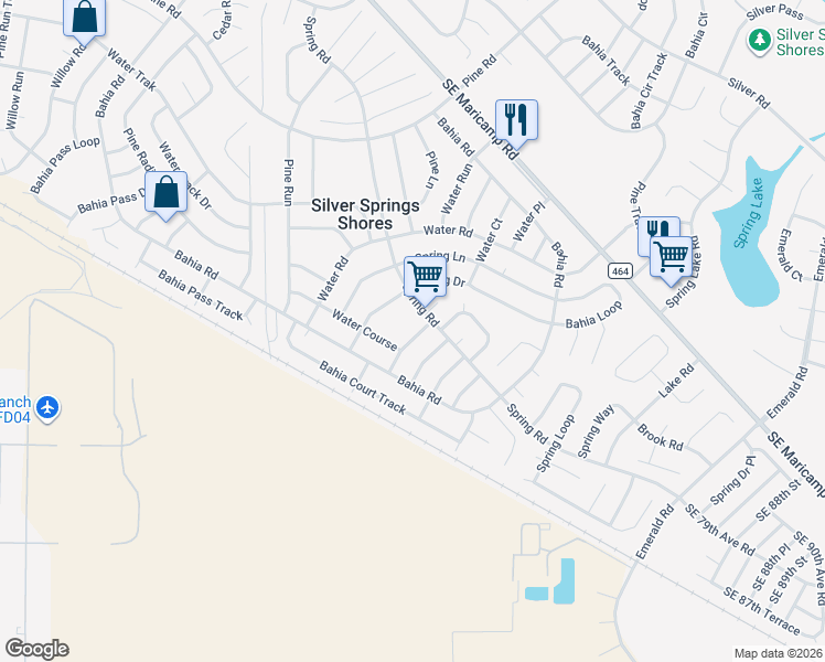 map of restaurants, bars, coffee shops, grocery stores, and more near 10 Spring Pass in Ocala