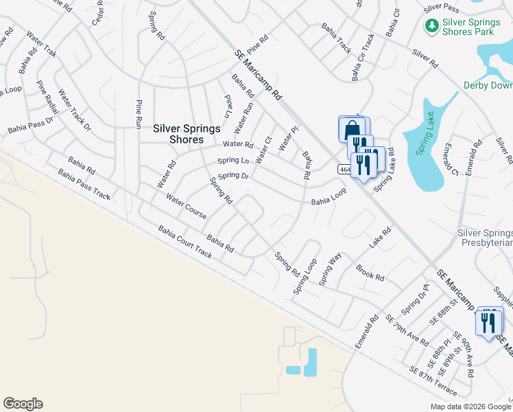 map of restaurants, bars, coffee shops, grocery stores, and more near 1 Spring Loop Lane in Ocala
