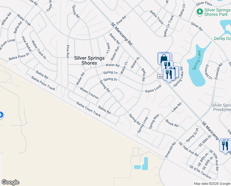 map of restaurants, bars, coffee shops, grocery stores, and more near 1 Spring Loop Lane in Ocala