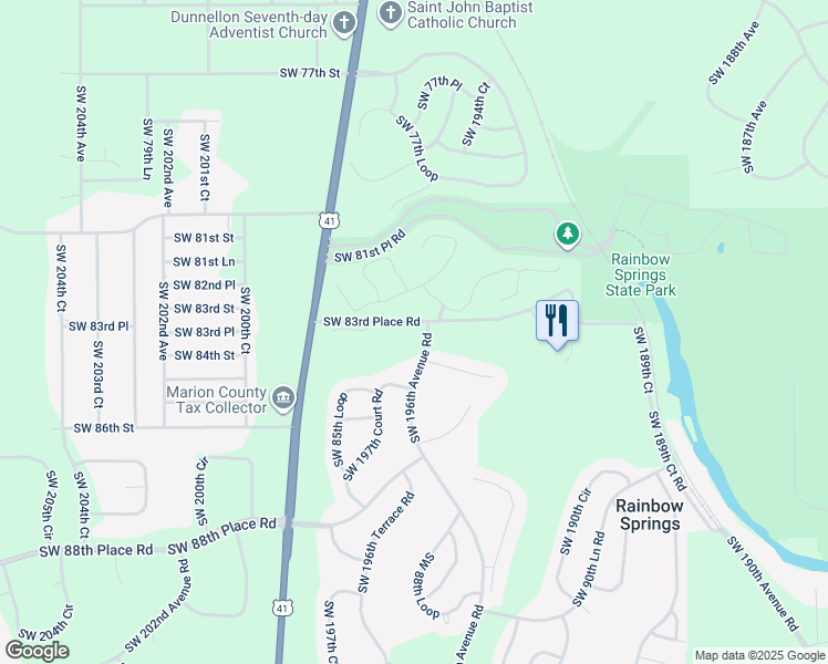 map of restaurants, bars, coffee shops, grocery stores, and more near 19597 Southwest 84th Place in Dunnellon