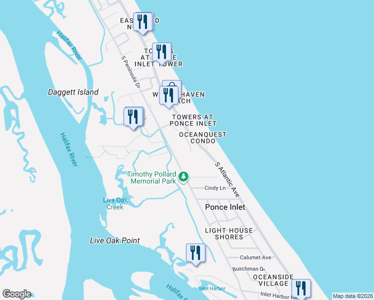 map of restaurants, bars, coffee shops, grocery stores, and more near 4670 Links Village Drive in Ponce Inlet