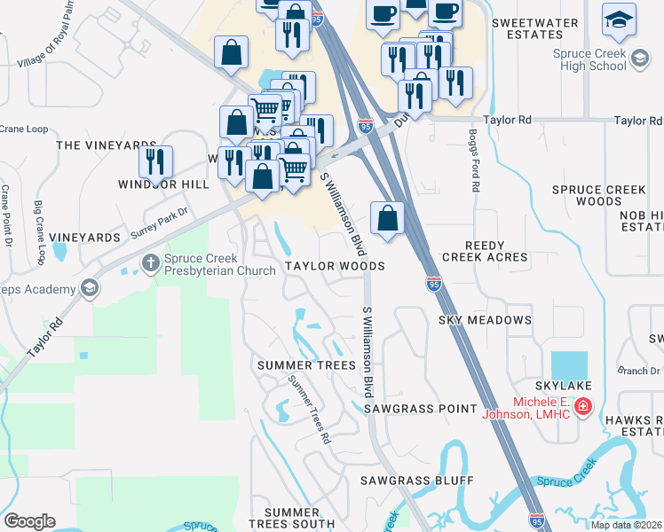 map of restaurants, bars, coffee shops, grocery stores, and more near 1608 Taylorwood Drive in Port Orange