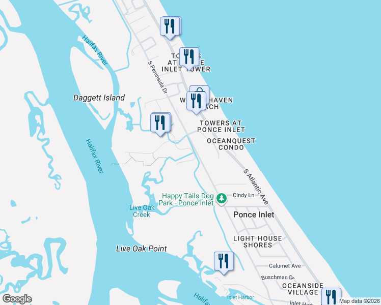 map of restaurants, bars, coffee shops, grocery stores, and more near 4639 Riverwalk Village Court in Ponce Inlet