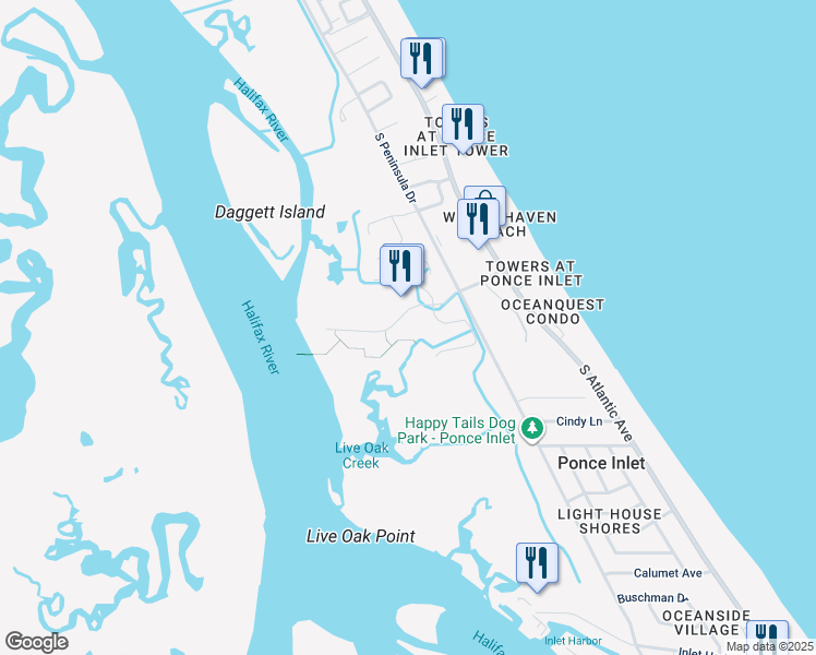 map of restaurants, bars, coffee shops, grocery stores, and more near 4620 Riverwalk Village Court in Ponce Inlet