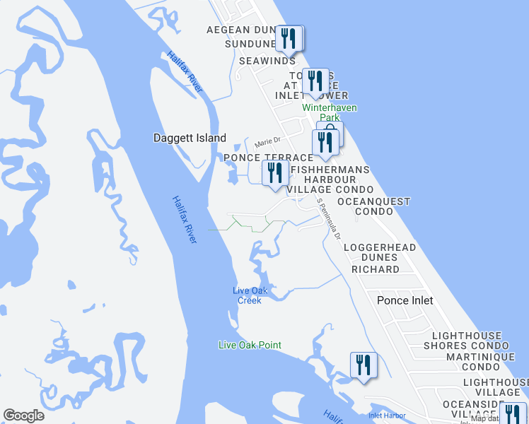 map of restaurants, bars, coffee shops, grocery stores, and more near 4624 Harbour Village Boulevard in Ponce Inlet