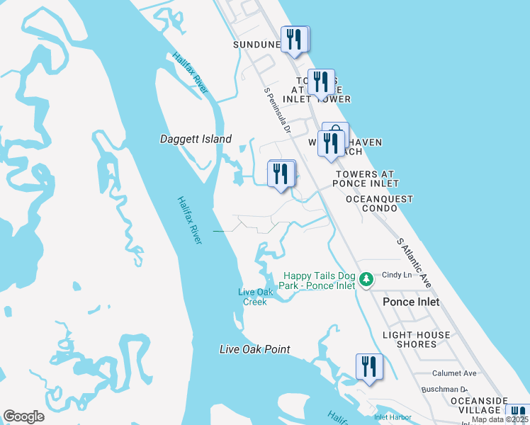 map of restaurants, bars, coffee shops, grocery stores, and more near 4624 Harbour Village Boulevard in Ponce Inlet