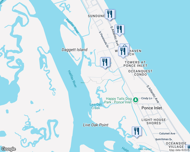 map of restaurants, bars, coffee shops, grocery stores, and more near 4624 Harbour Village Boulevard in Ponce Inlet