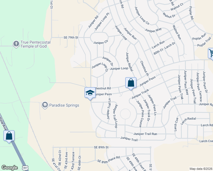 map of restaurants, bars, coffee shops, grocery stores, and more near 50 Juniper Drive in Ocala