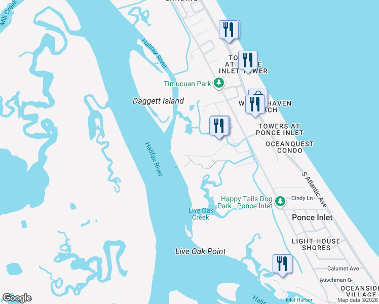 map of restaurants, bars, coffee shops, grocery stores, and more near 4628 Harbour Village Boulevard in Ponce Inlet