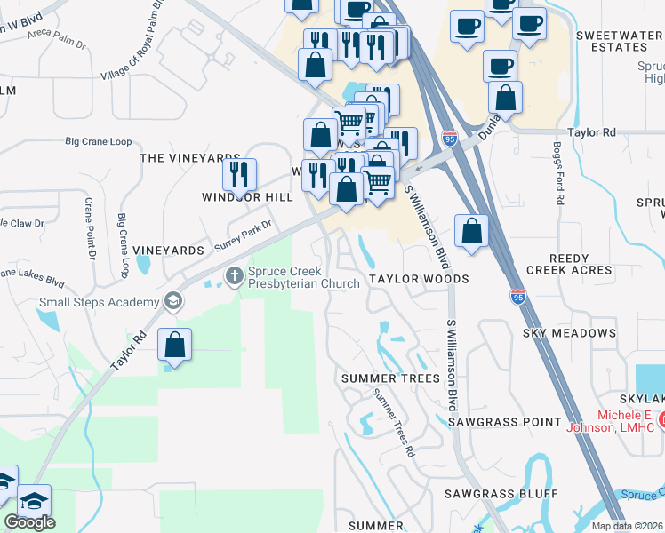 map of restaurants, bars, coffee shops, grocery stores, and more near 13 Black Jack Circle in Port Orange