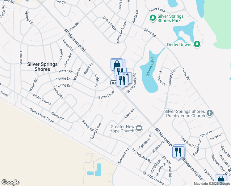 map of restaurants, bars, coffee shops, grocery stores, and more near 17 Bahia Loop in Ocala