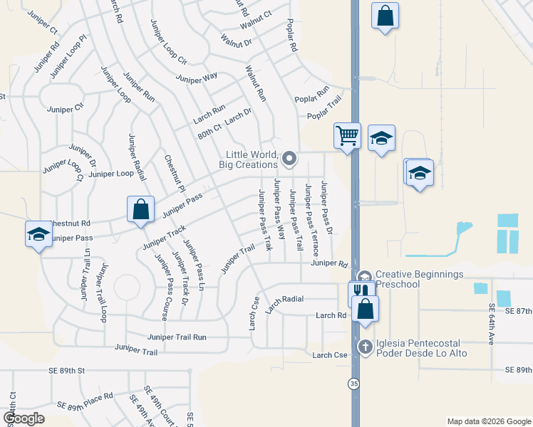 map of restaurants, bars, coffee shops, grocery stores, and more near 19 Juniper Pass Track in Ocala