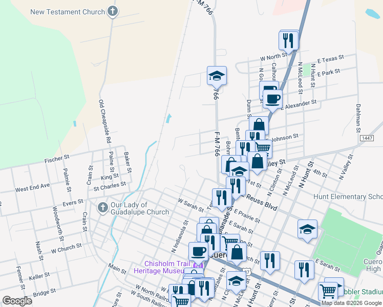 map of restaurants, bars, coffee shops, grocery stores, and more near 606 West Johnson Street in Cuero