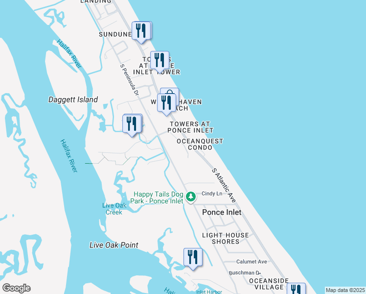 map of restaurants, bars, coffee shops, grocery stores, and more near 4650 Links Village Drive in Ponce Inlet