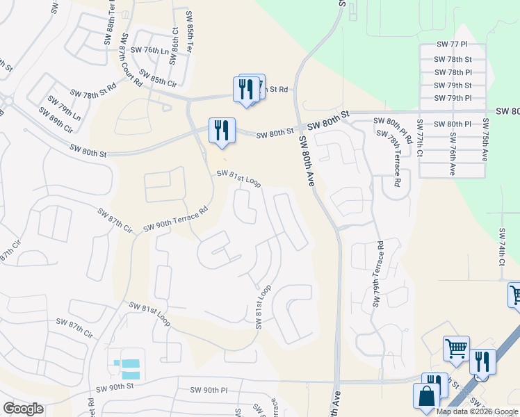 map of restaurants, bars, coffee shops, grocery stores, and more near 8320 Southwest 82nd Circle in Ocala