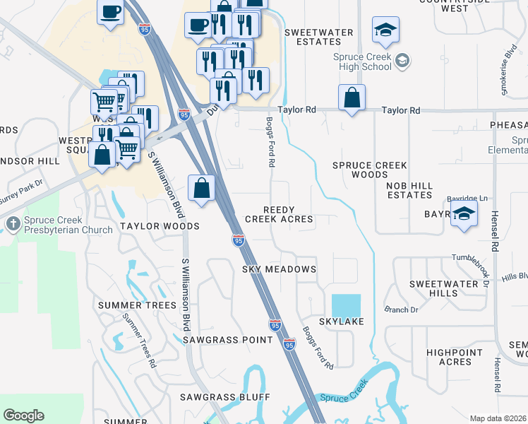 map of restaurants, bars, coffee shops, grocery stores, and more near 5845 Boggs Ford Road in Port Orange