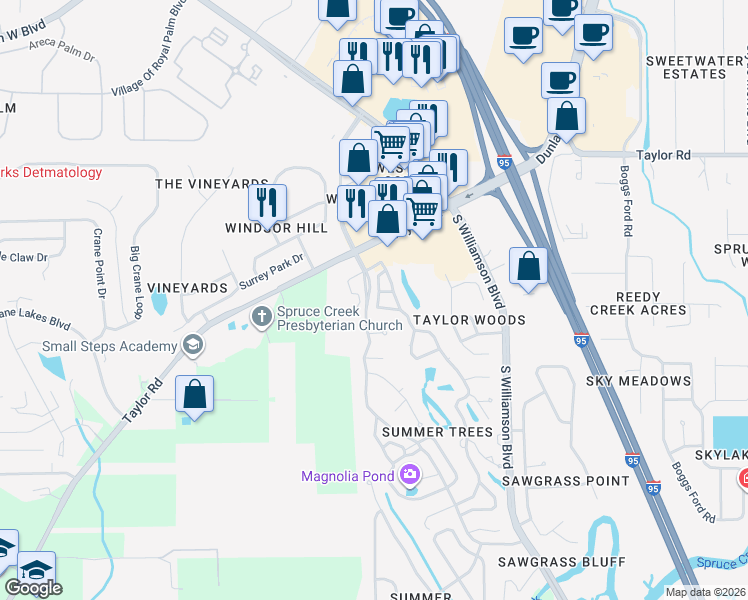 map of restaurants, bars, coffee shops, grocery stores, and more near 13 Black Jack Circle in Port Orange