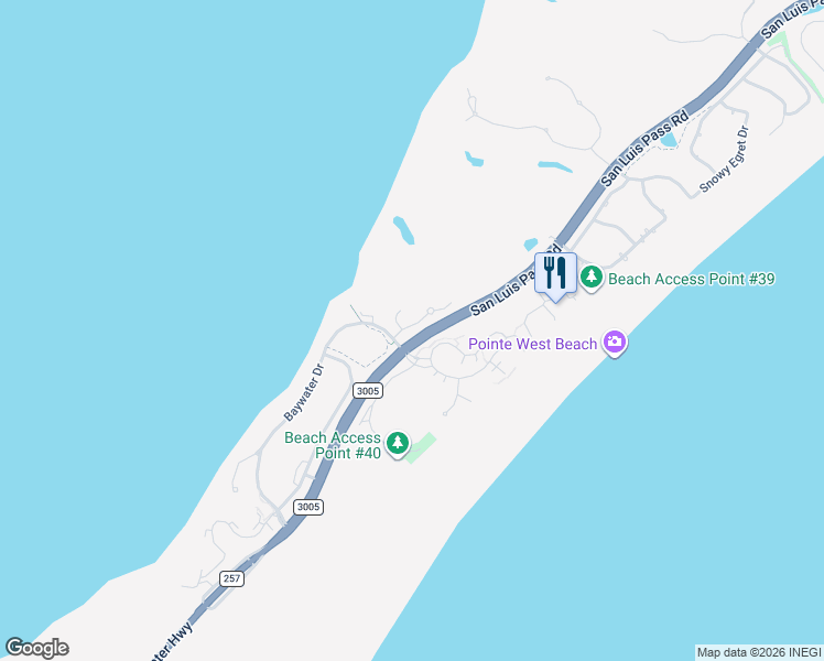 map of restaurants, bars, coffee shops, grocery stores, and more near 25406 Mangrove Drive in Galveston