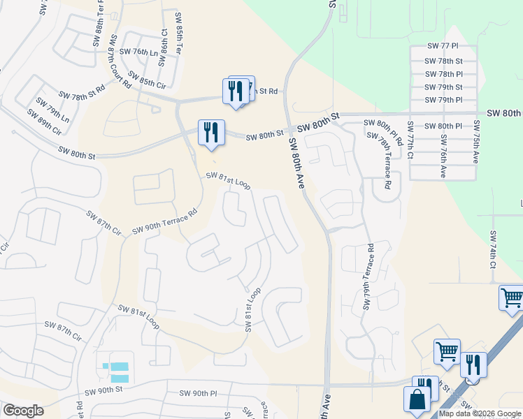 map of restaurants, bars, coffee shops, grocery stores, and more near 8320 Southwest 82nd Circle in Ocala
