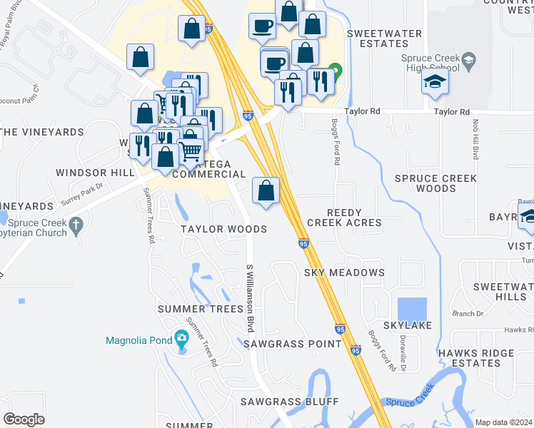 map of restaurants, bars, coffee shops, grocery stores, and more near 5889 South Williamson Boulevard in Port Orange