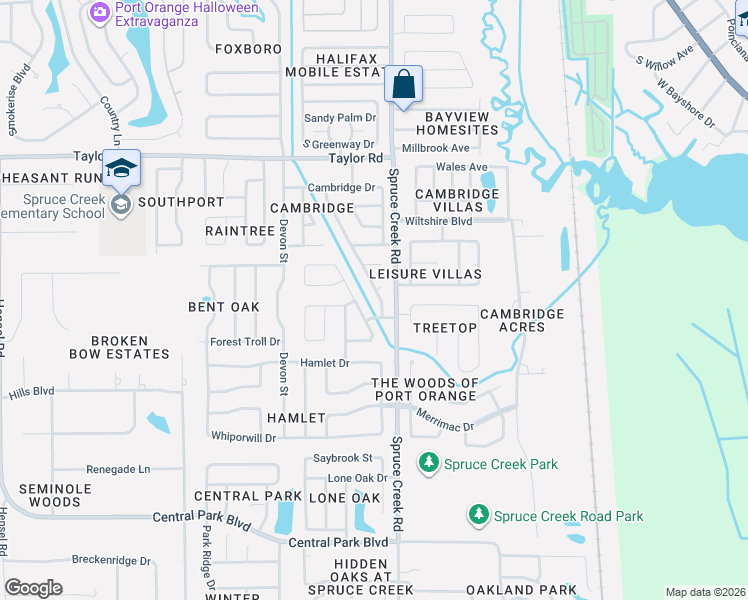 map of restaurants, bars, coffee shops, grocery stores, and more near 241 Brittany Avenue in Port Orange