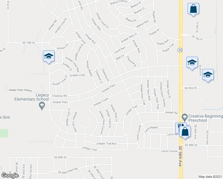 map of restaurants, bars, coffee shops, grocery stores, and more near 46 Juniper Pass in Ocala
