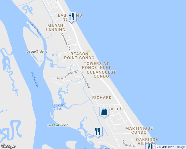 map of restaurants, bars, coffee shops, grocery stores, and more near 4970 Links Village Drive in Port Orange