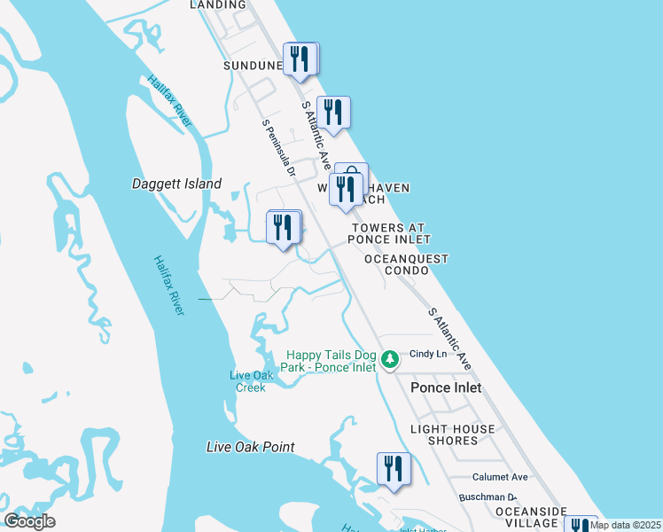 map of restaurants, bars, coffee shops, grocery stores, and more near 4639 Riverwalk Village Court in Ponce Inlet