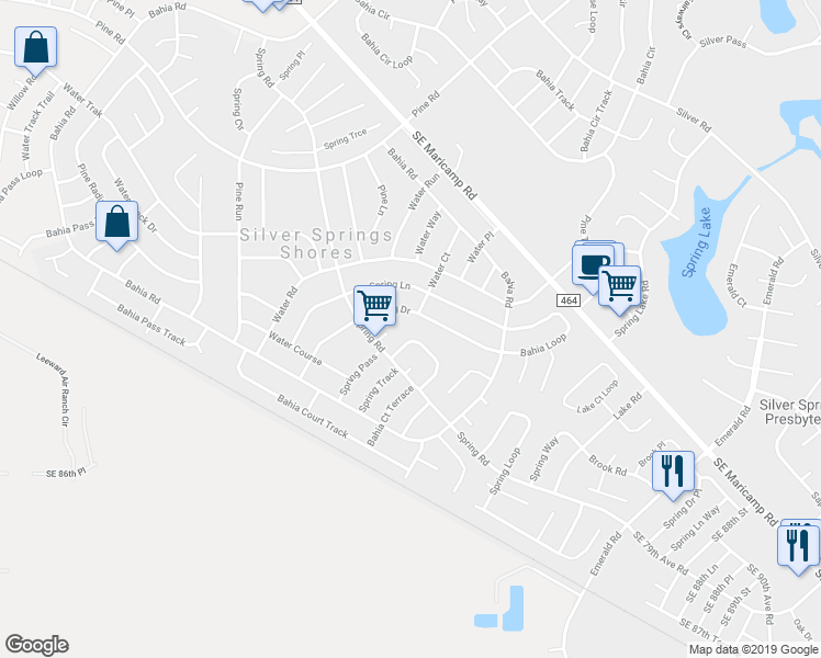 map of restaurants, bars, coffee shops, grocery stores, and more near 12 Spring Loop Circle in Ocala