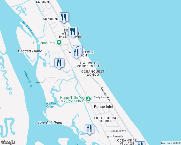 map of restaurants, bars, coffee shops, grocery stores, and more near 4650 Links Village Drive in Ponce Inlet