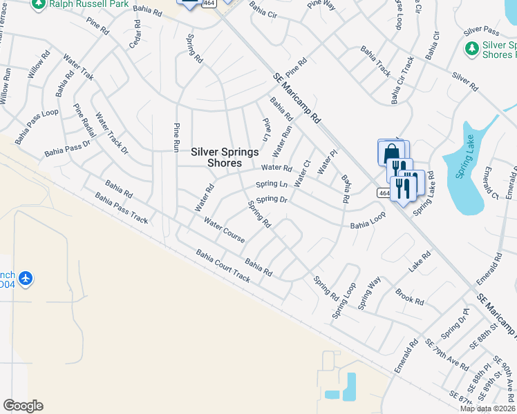 map of restaurants, bars, coffee shops, grocery stores, and more near 2 Spring Pass Drive in Ocala