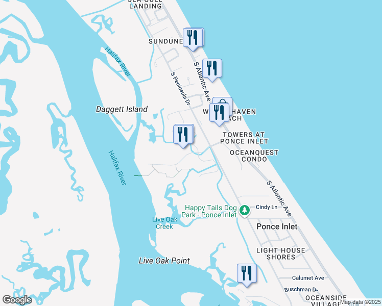 map of restaurants, bars, coffee shops, grocery stores, and more near Harbour Village Boulevard in Ponce Inlet