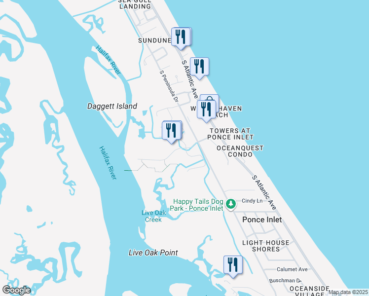 map of restaurants, bars, coffee shops, grocery stores, and more near 4620 Riverwalk Village Court in Ponce Inlet