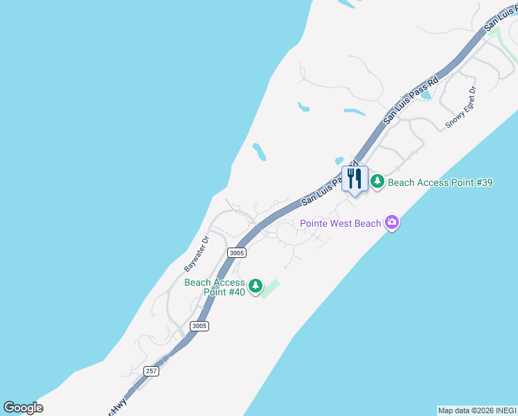 map of restaurants, bars, coffee shops, grocery stores, and more near 25406 Mangrove Drive in Galveston