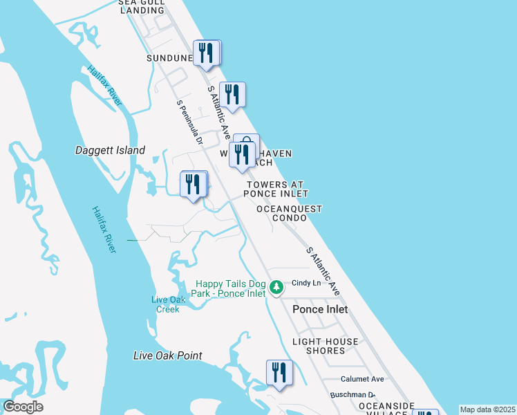 map of restaurants, bars, coffee shops, grocery stores, and more near Links Village Drive in Ponce Inlet