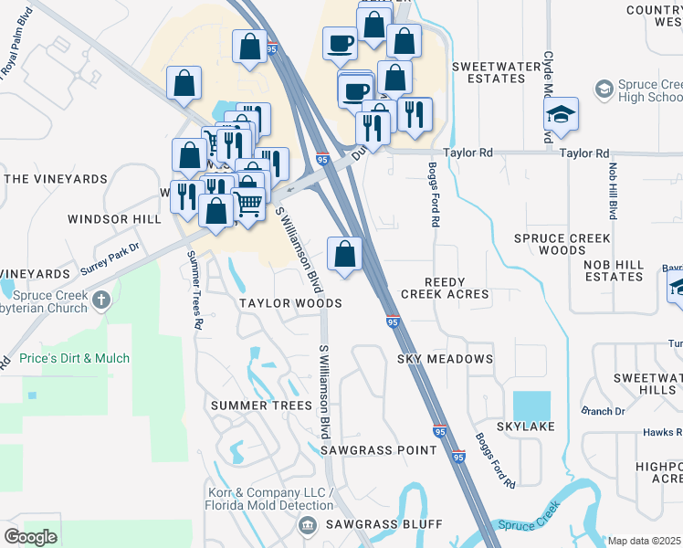 map of restaurants, bars, coffee shops, grocery stores, and more near 5889 South Williamson Boulevard in Port Orange