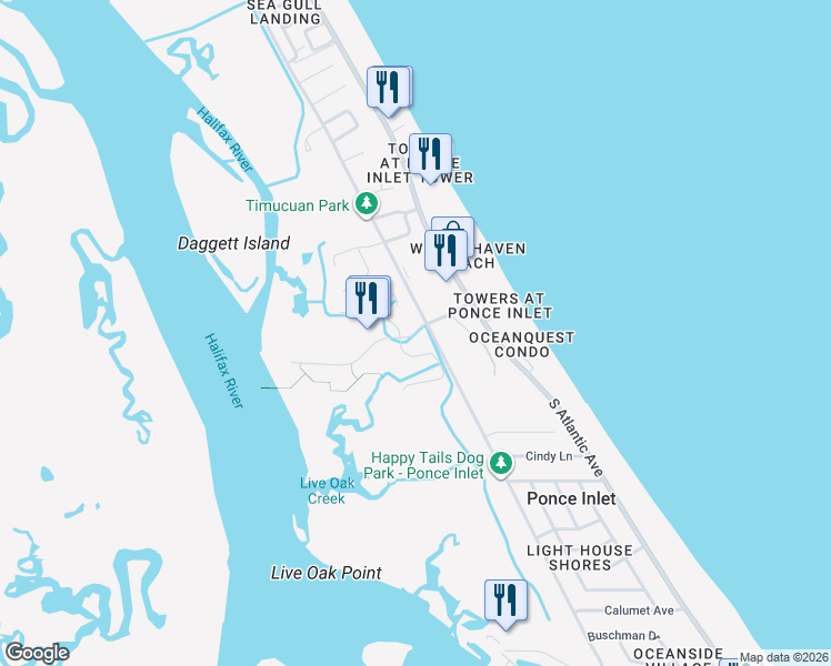 map of restaurants, bars, coffee shops, grocery stores, and more near 4504 Harbour Village Boulevard in Ponce Inlet